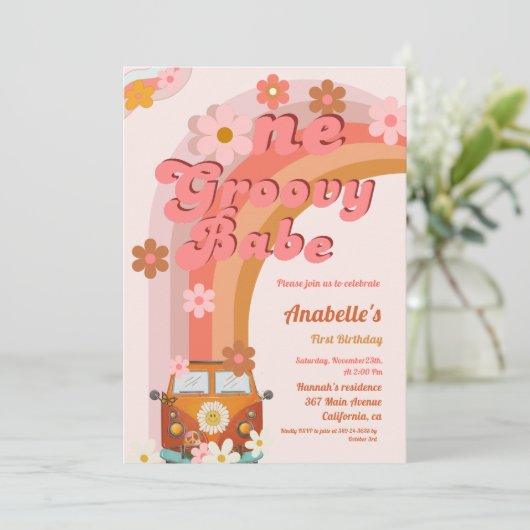 Retro Groovy One Daisy Flower Verjaardagsfeestje Kaart (Staand voorkant)