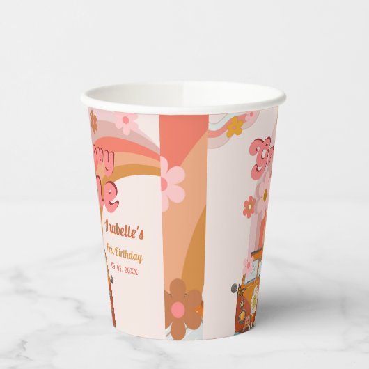 Retro Groovy One Daisy Flower Verjaardagsfeestje Papieren Bekers (Links)