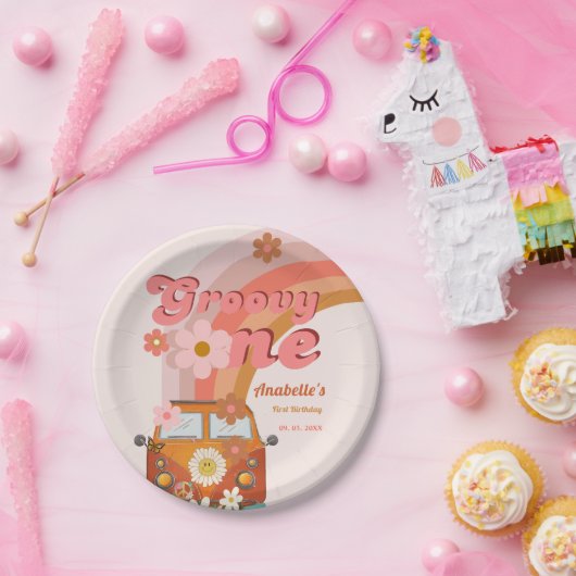 Retro Groovy One Daisy Flower Verjaardagsfeestje Papieren Bordje (Feest)