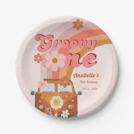 Retro Groovy One Daisy Flower Verjaardagsfeestje Papieren Bordje