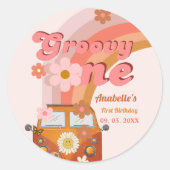 Retro Groovy One Daisy Flower Verjaardagsfeestje Ronde Sticker (Voorkant)