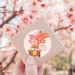 Retro Groovy One Daisy Flower Verjaardagsfeestje Ronde Sticker