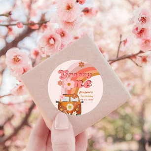 Retro Groovy One Daisy Flower Verjaardagsfeestje Ronde Sticker