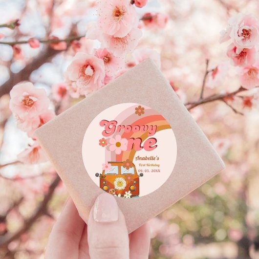 Retro Groovy One Daisy Flower Verjaardagsfeestje Ronde Sticker