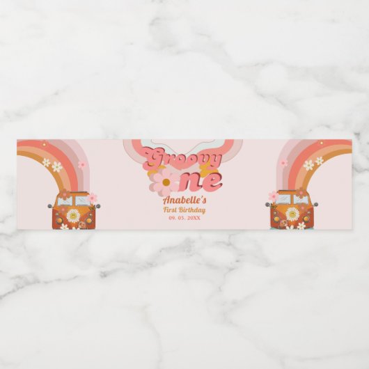 Retro Groovy One Daisy Flower Verjaardagsfeestje Waterfles Etiket (Enkel label)