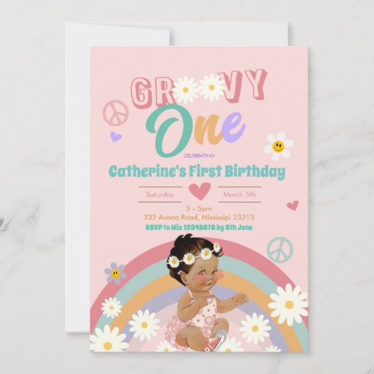 Retro Groovy One Dark Hair First Birthday Invitati Kaart (Voorkant)