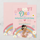 Retro Groovy One Dark Hair First Birthday Invitati Kaart (Voorkant / Achterkant)