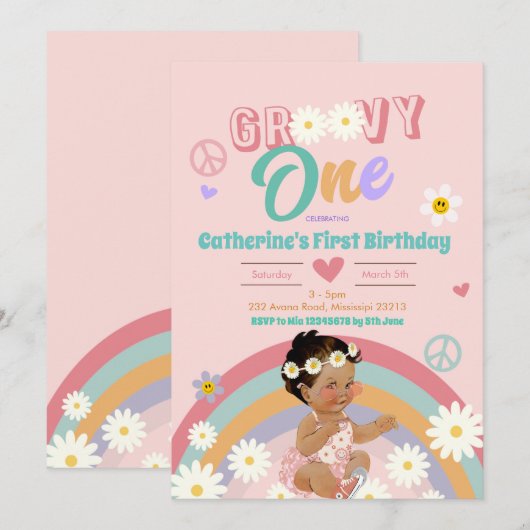 Retro Groovy One Dark Hair First Birthday Invitati Kaart (Voorkant / Achterkant)
