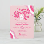 Retro Groovy One Girl 1e verjaardag uitnodiging (Staand voorkant)