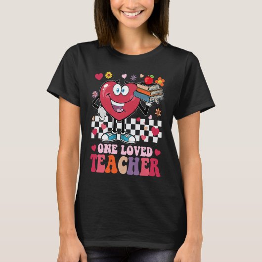 Retro Groovy One Loved Teacher Heart Valentines Da T-shirt (Voorkant)