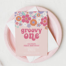 Retro Groovy One Pink Floral Invitation