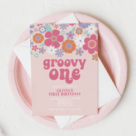 Retro Groovy One Pink Floral Invitation Kaart