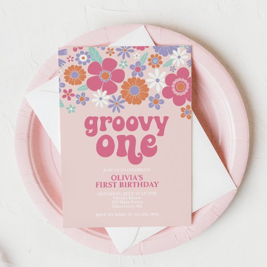 Retro Groovy One Pink Floral Invitation Kaart