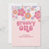 Retro Groovy One Pink Floral Invitation Kaart (Voorkant)