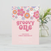 Retro Groovy One Pink Floral Invitation Kaart (Staand voorkant)