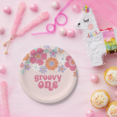 Retro Groovy One Pink Floral Papieren Bordje (Feest)