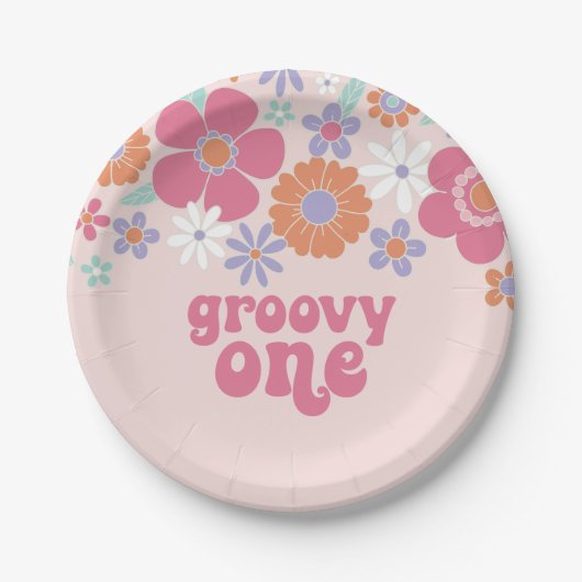 Retro Groovy One Pink Floral Papieren Bordje (Voorkant)