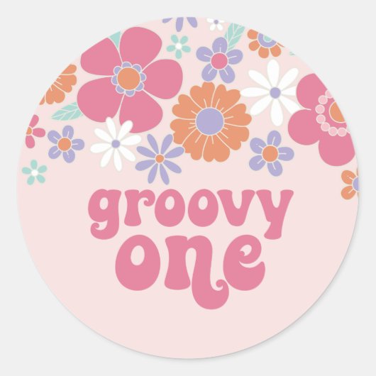 Retro Groovy One Pink Floral Ronde Sticker (Voorkant)