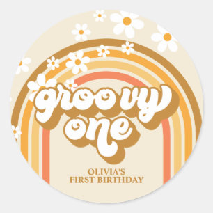 Retro Groovy One Rainbow Brown Oranje Birthday Ronde Sticker