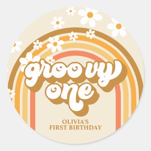 Retro Groovy One Rainbow Brown Oranje Birthday Ronde Sticker (Voorkant)