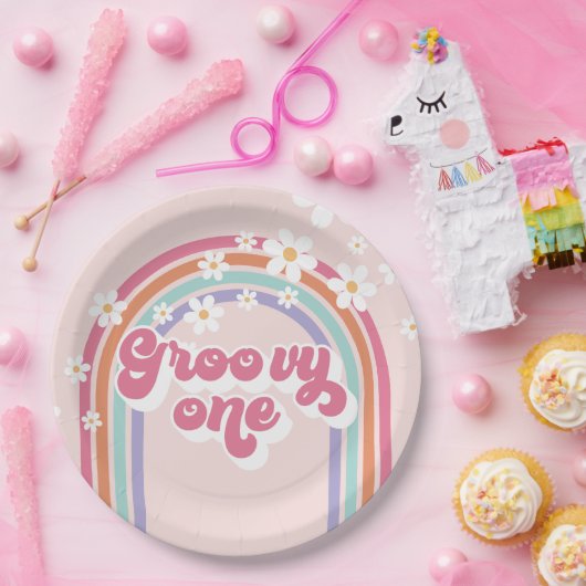 Retro Groovy One regenboogroze Papieren Bordje (Feest)