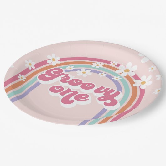 Retro Groovy One regenboogroze Papieren Bordje (Gekanteld)