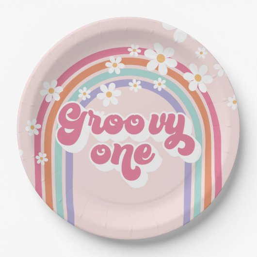 Retro Groovy One regenboogroze Papieren Bordje (Voorkant)