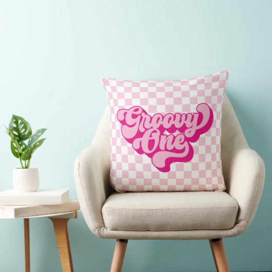 Retro Groovy One Roze en Witte Check Kussen (Stoel)