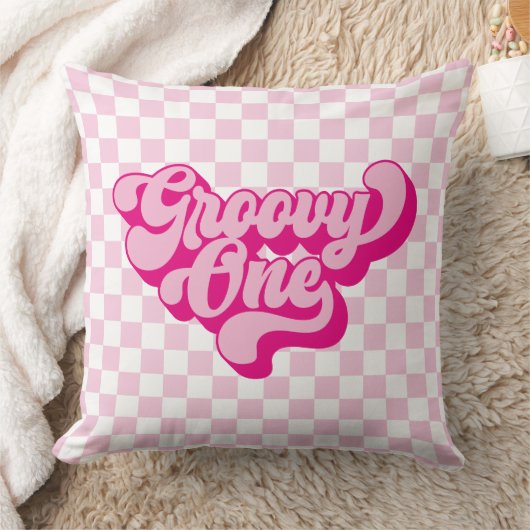 Retro Groovy One Roze en Witte Check Kussen (Deken)