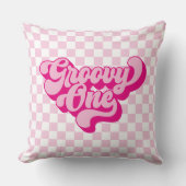 Retro Groovy One Roze en Witte Check Kussen (Voorkant)