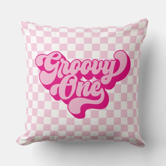 Retro Groovy One Roze en Witte Check Kussen (Voorkant)