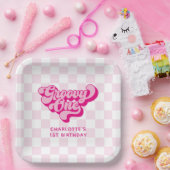 Retro Groovy One Roze en Witte Check Papieren Bordje (Feest)