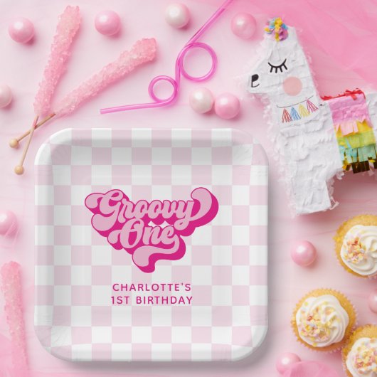 Retro Groovy One Roze en Witte Check Papieren Bordje (Feest)