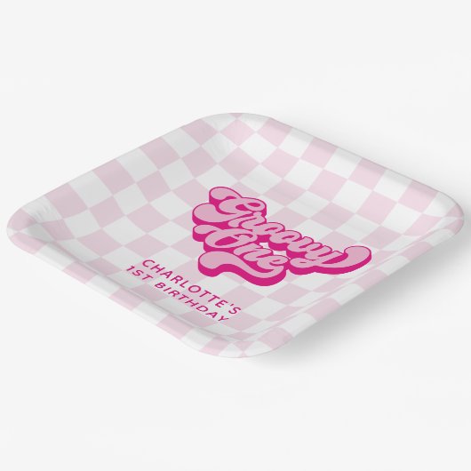 Retro Groovy One Roze en Witte Check Papieren Bordje (Gebogen)