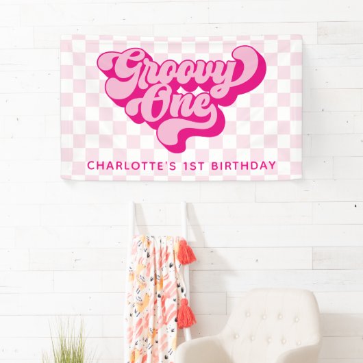 Retro Groovy One Roze en Witte Check Spandoek (Insitu)