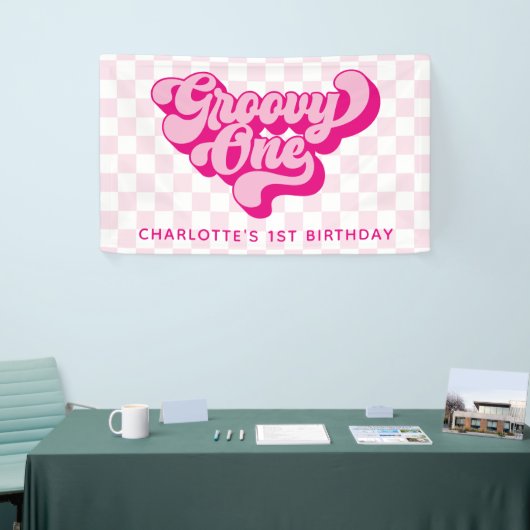 Retro Groovy One Roze en Witte Check Spandoek (Beurs)