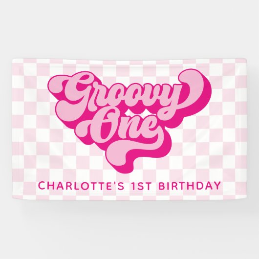 Retro Groovy One Roze en Witte Check Spandoek (Horizontaal)
