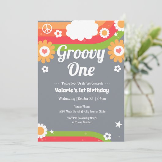 Retro Groovy One verjaardagsuitnodiging Kaart (Staand voorkant)