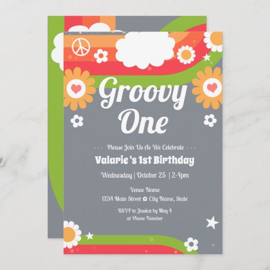 Retro Groovy One verjaardagsuitnodiging Kaart (Voorkant / Achterkant)