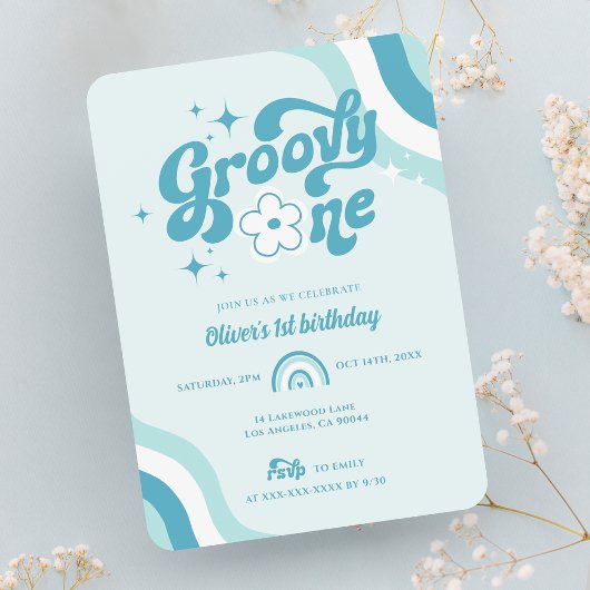 Retro Groovy One Wavy Boy 1st Birthday Uitnodiging