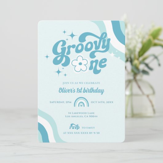 Retro Groovy One Wavy Boy 1st Birthday Uitnodiging (Staand voorkant)