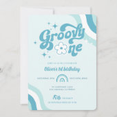 Retro Groovy One Wavy Boy 1st Birthday Uitnodiging (Voorkant)