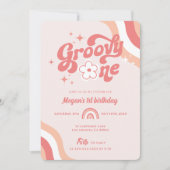 Retro Groovy One Wavy Girl 1e uitnodiging op zater (Voorkant)