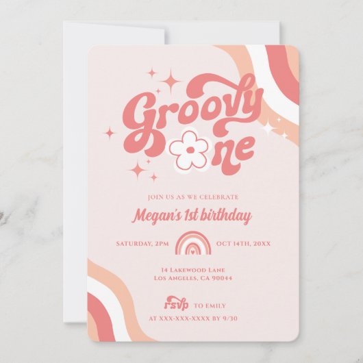 Retro Groovy One Wavy Girl 1e uitnodiging op zater (Voorkant)