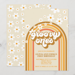 Retro Groovy Ones Rainbow Brown Twin Birthday Kaart
