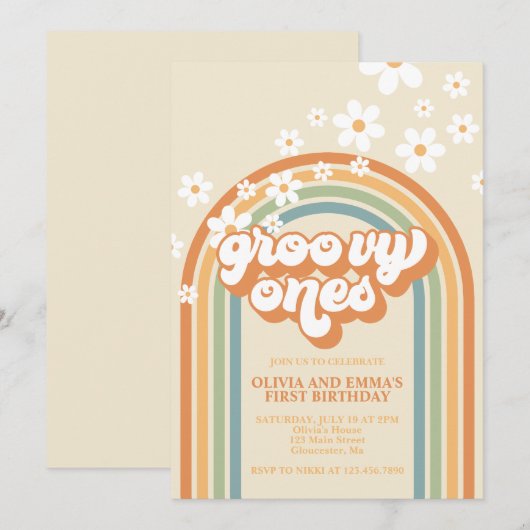 Retro Groovy Ones Rainbow Twin Birthday Kaart (Voorkant / Achterkant)