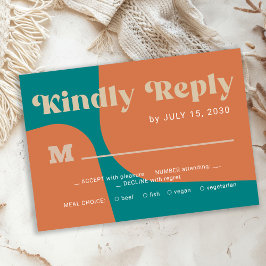 Retro groovy orange teal bold typography wedding RSVP kaartje