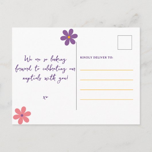 Retro Groovy Oranje Paars Floral Wedding Uitnodiging Briefkaart (Achterkant)