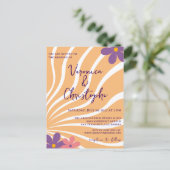 Retro Groovy Oranje Paars Floral Wedding Uitnodiging Briefkaart (Staand voorkant)