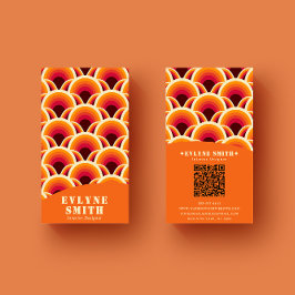 Retro Groovy Oranje QR Code 70s Boho Unique Visitekaartje